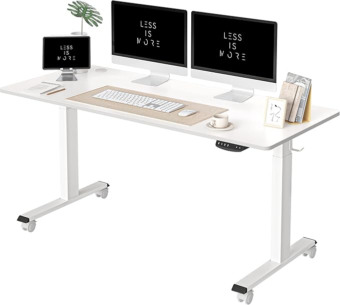 FEZIBO One-Piece Standing Desk Adjustable Height Stand up Home Office Desk, 55x24 Inch Electric Standing Computer Desk, with 4 Memory Presets, Fixable casters, White-DeskLoop Office