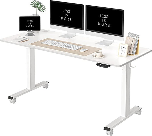 FEZIBO One-Piece Standing Desk Adjustable Height Stand up Home Office Desk, 55x24 Inch Electric Standing Computer Desk, with 4 Memory Presets, Fixable casters, White-DeskLoop Office