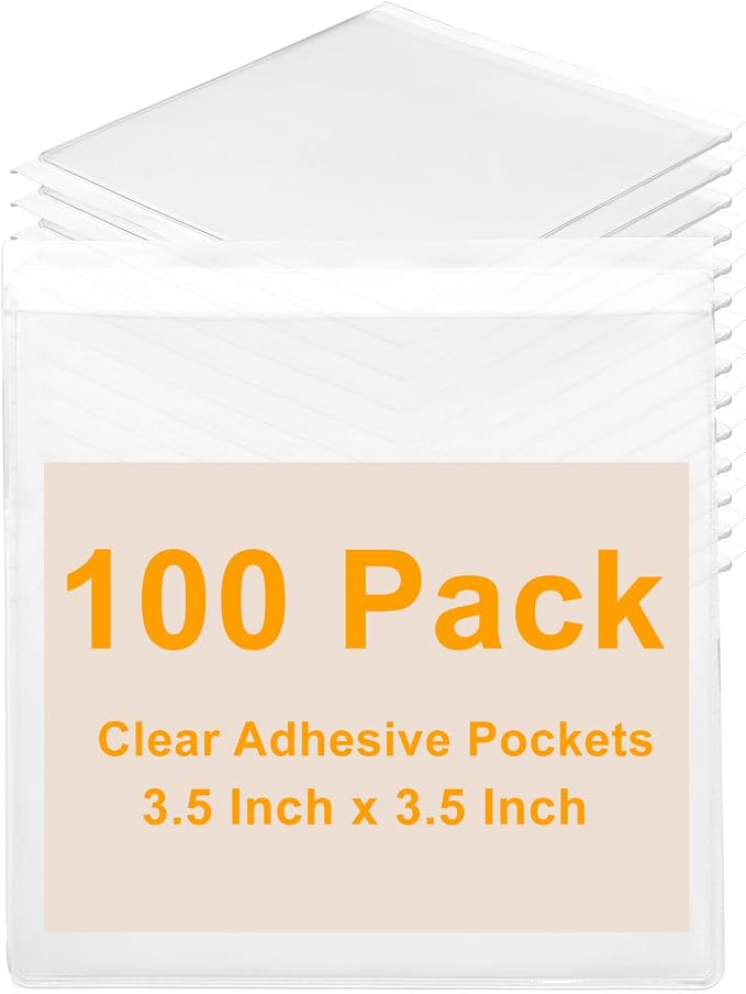 100 PCS Clear Adhesive Pockets, 3.5" x 3.5" Plastic Index Card Holder Square by Kyuionty