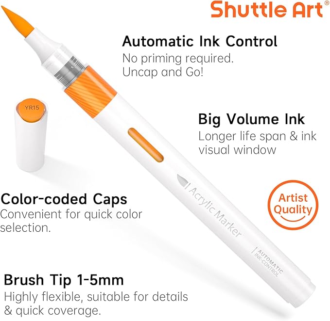 Shuttle Art Automatic Ink Control Acrylic Paint Markers, 36 Colors Brush Tip Acrylic Paint Pens for Rock Painting, Ceramic, Wood, Canvas, Glass, Stone, Fabric, Card Making, DIY & Art Supplies-DeskLoop Office