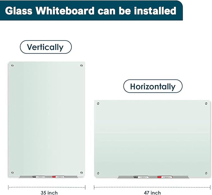 J&J worldwide Glass Whiteboard 47 x 35, Frosted Glass Dry Erase Board Non-Magnetic, Semi-Transparent, Includes Markers, Marker Tray, Eraser for Wall, Office, Home, School-DeskLoop Office