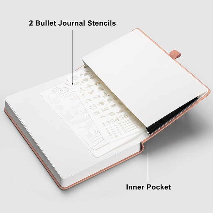 RETTACY Bullet Dotted Journal Notebook, 192 Pages, A5 Medium Size (5.7'' x 8.3''), Leather Hardcover, 100 GSM Thick Paper, for Bullet Journaling, Planning, Tracking (Pink)-DeskLoop Office