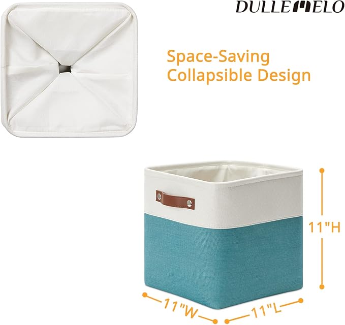DULLEMELO Foldable Storage Cubes 11 x 11 Organizer Bins,Canvas Storage Bins Empty Gift Baskets for Organizing with SturdyLeather Handles, Closet Baskets for Nursery Storage(4 Pack - 11" White&Teal)-DeskLoop Office