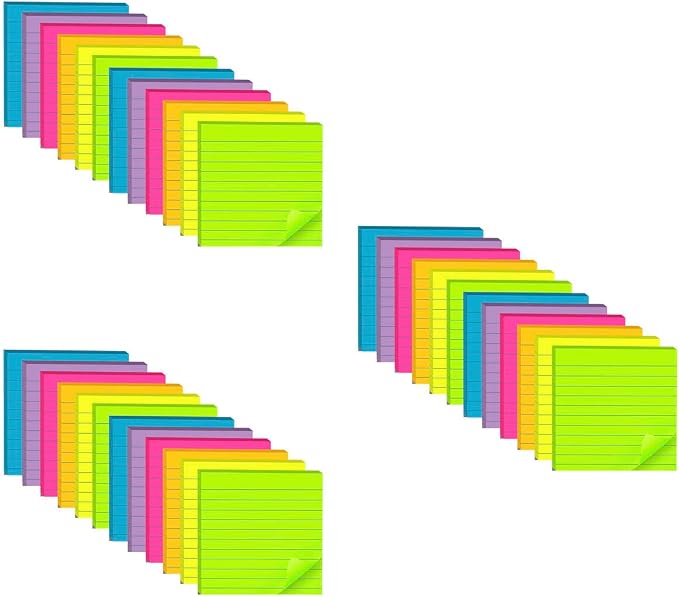 Lined Sticky Notes 4x4 in, 6 Bright Colors Self-Stick Note Pads, Strong Adhesive by Vanpad