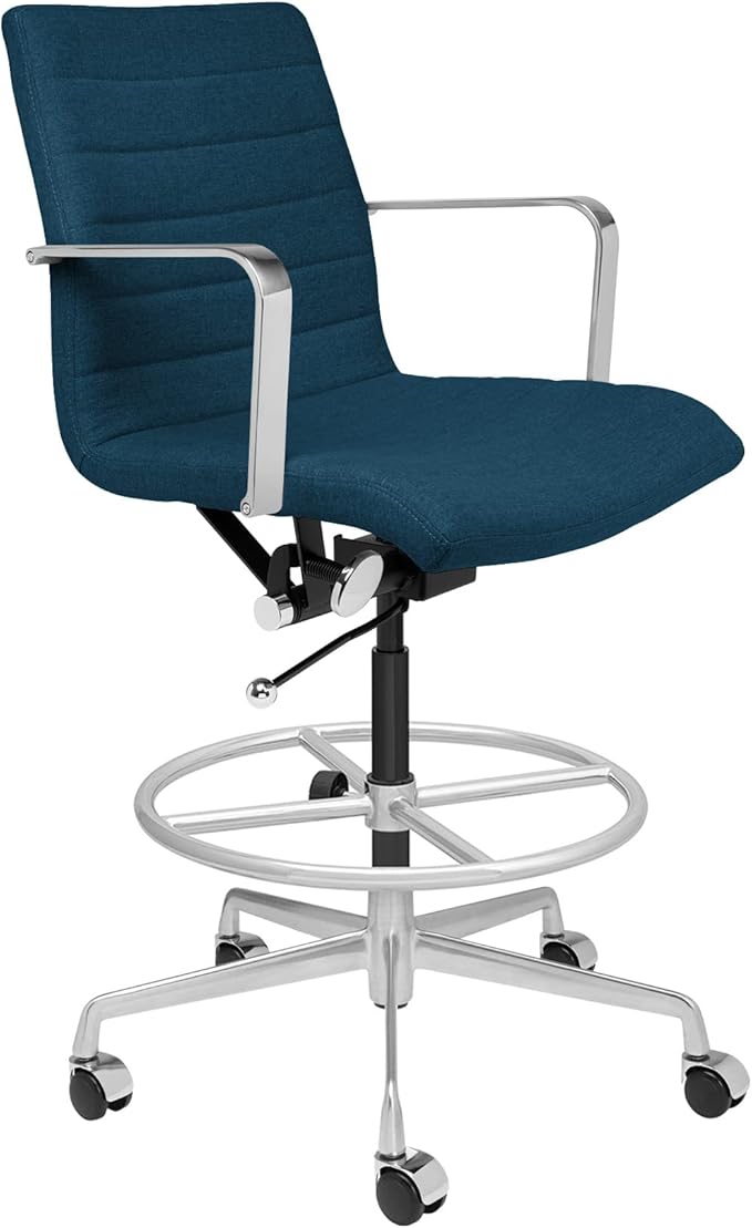 Laura Davidson Furniture SOHO II Ribbed Drafting Chair for Standing Desks, Standing Desk Chair - Ergonomically Designed, Draft Height, Arm Rest & Cushion, Made of Poly-Cotton Fabric,Dark Blue Fabric-DeskLoop Office