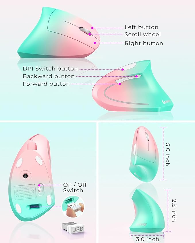 Lekvey Ergonomic Mouse, Vertical Wireless Mouse, Rechargeable 2.4G Optical Carpal Tunnel Mice with USB Receiver: 1000/1200 / 1600 DPI, 6 Buttons, for Laptop, Computer, PC, Desktop, Pink Green-DeskLoop Office