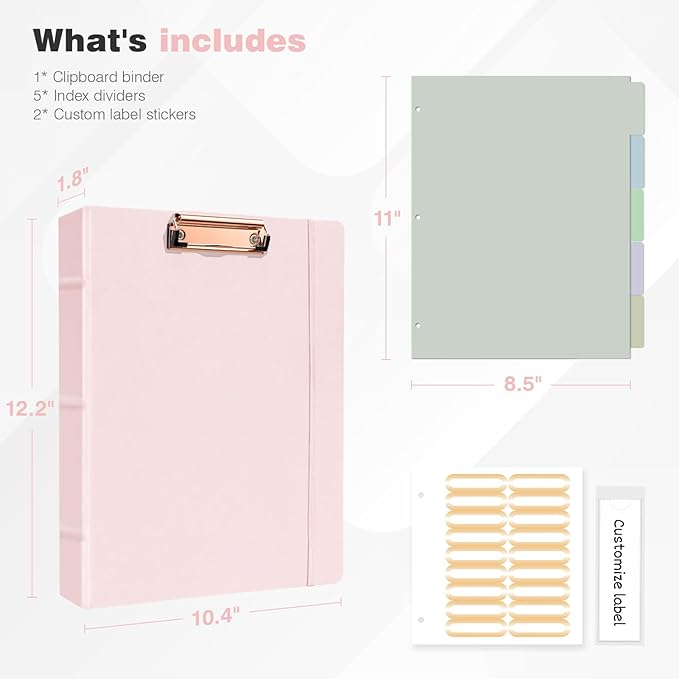 Ospelelf 3 Ring Binder with Clipboard 2 Inch Leather Binder for Letter Size (8.5" x 11"), Clipboard Binder with 5 Tab Dividers Back to School Supply, Pink-DeskLoop Office