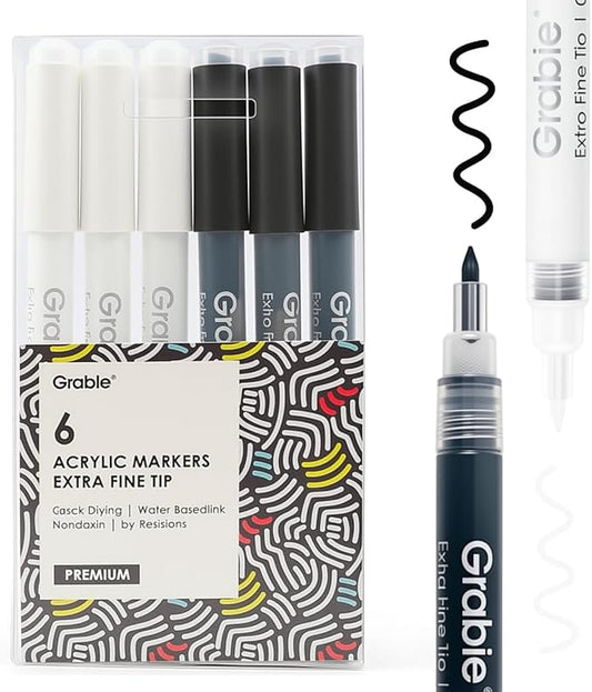 Grabie Black & White Extra Fine Tip Acrylic Paint Marker Set, 6 Pack, 0.7mm Acrylic Paint Pens for Highlights and Fine Details on Drawings, Rock Painting Glass Canvas Wood, White Highlight Markers-DeskLoop Office