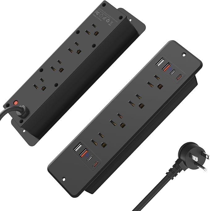 HHSOET 8 Outlet Recessed Power Strip, 30W Fast Charging Furniture Power Outlet USB C, Flush Mount Surge Protection Socket with 4 USB-A and 4 USB-C, 10ft Power Cord. (Black)-DeskLoop Office