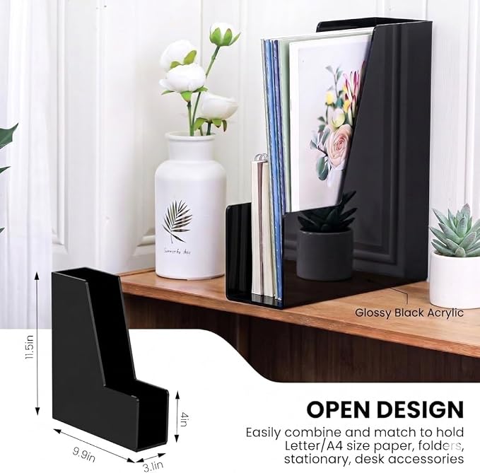 LALOBLUE 4 Pack Black Vertical Magazine File Holder Desk Organizer Bins | - Image 8