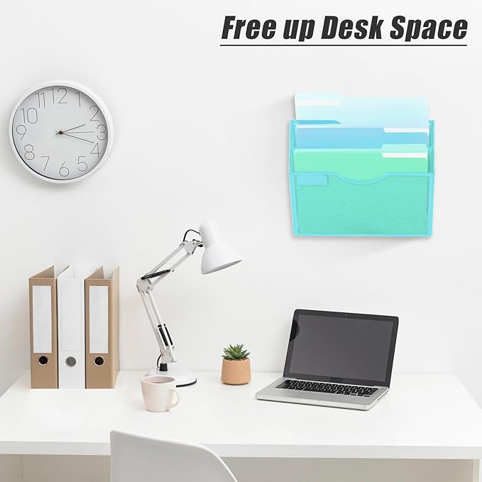 EASEPRES 3 Pocket Mesh Hanging Wall File Organizer, Wall Mounted Mail Paper Document Folder Holder, Clipboard Storage Organization Magazine Rack with Nametag Label for Office Home School, Blue-DeskLoop Office