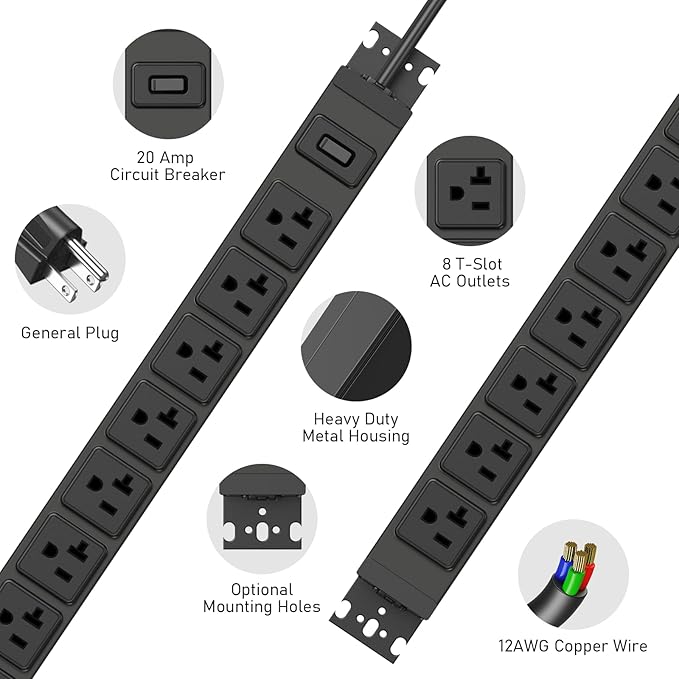 JUNNUJ Heavy Duty Power Strip Wall Mount, 20 Amp Surge Protector 1200J Metal 8 Outlet Under Desk Mounted 20A, Garage Power Table Socket Industrial Outlets 6-20R T-Slot, Black-15FT 12AWG Extension Cord-DeskLoop Office