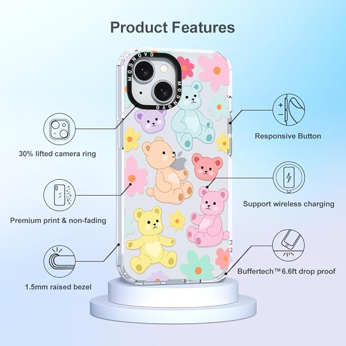 MOSNOVO Case for iPhone 15, [Buffertech 6.6ft Military-Grade Drop Protection] [Anti Peel Off Tech] Clear TPU Bumper Phone Case Cover Design - Cute Teddy Bear-DeskLoop Office