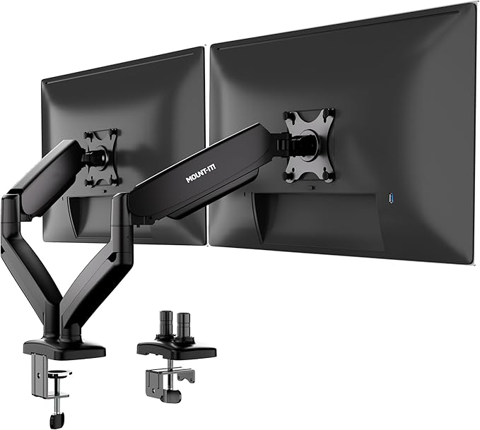 Mount-It! Dual Monitor Desk Mount – Full Motion Gas Spring Arms, Fits 13 to 32 Inch Screens, Holds 17.6 lbs per Arm, Dual Monitor Stand, VESA Mount, C-Clamp & Grommet Base-DeskLoop Office