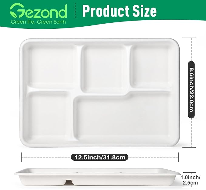 Gezond 100% Compostable 5 Compartment Plates 12.5 * 8.6 Inch, 100 Pack - Image 2