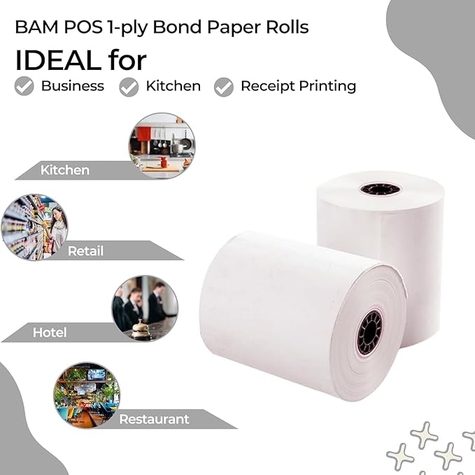 1Ply Bond Receipt Paper Rolls 3 x 150 White Paper for Kitchen Impact Printers TMU200 SRP275 Star SP700 Suitable For Printing Kitchen Tickets and Order receipts 24 Rolls Per Case-DeskLoop Office