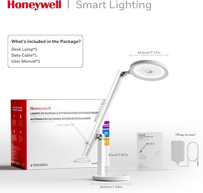 HONEYWELL Desk Lamp for Home Office, H6 Sunturalux™ Eye-Caring Led Desk Light, 800LM Dimmable Desk Lamp with Timer, Touch Control Tall Desk Reading Light, Table Lamp for Circle Webcam, Study, Bedroom-DeskLoop Office