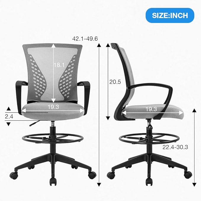 Drafting Chair Tall Office Chair Standing Desk Chair Adjustable Height with Arms Foot Rest Back Support Rolling Swivel Desk Chair Mesh Drafting Stool for Adults-DeskLoop Office