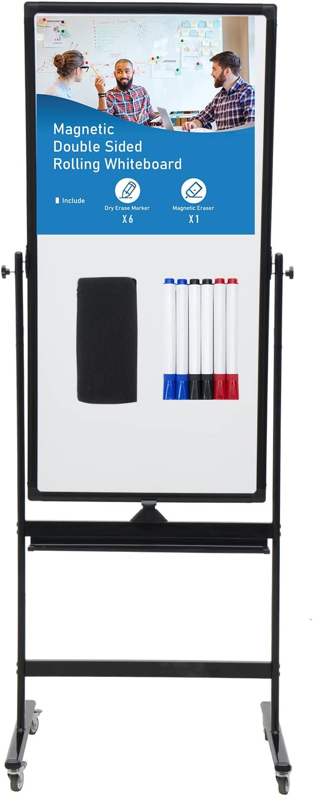 48" x 24" Magnetic Mobile Whiteboard - 360° Reversible Double-Sided Dry Erase Board with Wheels, Portable Standing Whiteboard Easel for Office & Classroom - Includes 6 Markers + 1 Eraser-DeskLoop Office