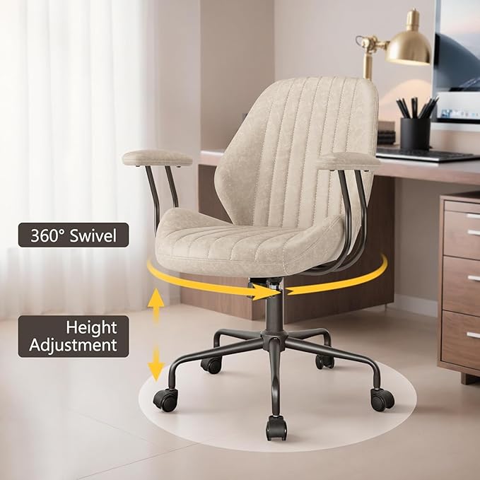 Mid Century Modren Office Chair - Swivel Executive Chair with Lumbar Support, Mid Back Ergonomic Computer Desk Chair with Wheels,Faux Lether Suede Task Chair,350lbs (Beige, Mid Back)-DeskLoop Office