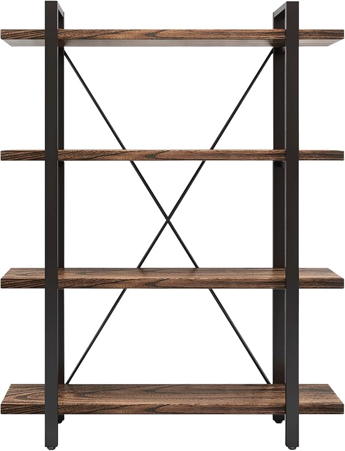 4 Tier Bookshelf Solid Wood Bookcase and Book Shelves Wood and Metal Shelving Rustic Open Bookshelf Office,Distressed Brown (AY-02-4Tier)-DeskLoop Office