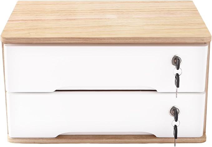 Lockable Desk Organizer Wooden Desktop Drawers Office Flat Files Storage Box - Image 6
