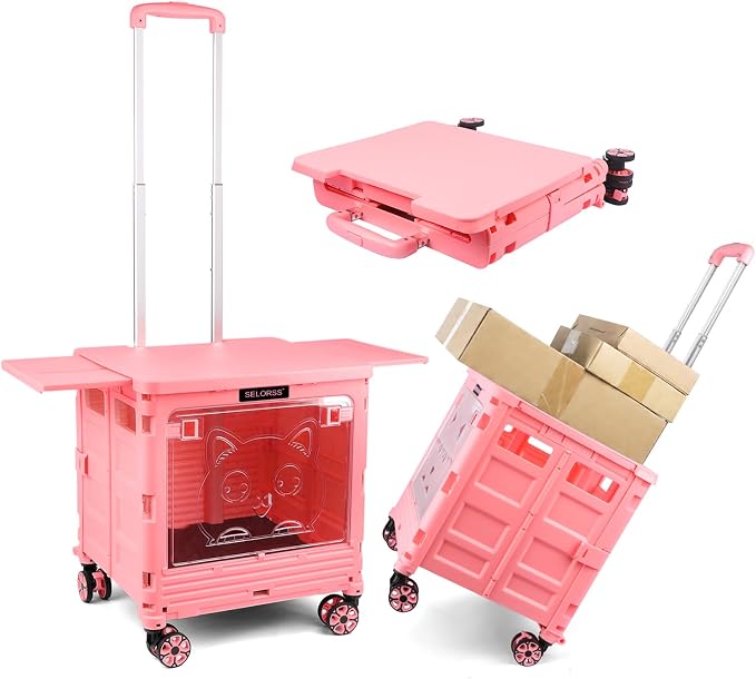 FELICON SELORSS Folding Utility Cart Portable Rolling Crate Handcart-Pink | by FELICON