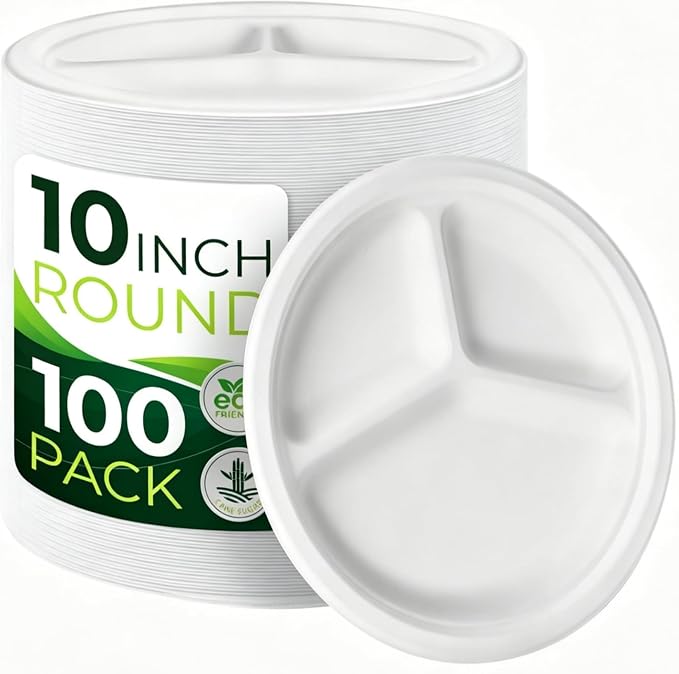 100PCS 100% Compostable 10in Paper Plates, 3 Compartment Heavy Duty Disposable by Birchio
