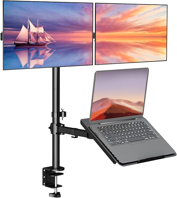 WALI Dual Monitor Stand, Laptop and Monitor Stand for 2 Screen 1 Laptop Notebook, Extra Tall Desk Mount for Monitor up to 27 inch, Notebook up to 17 inch (M002XLLP), Black-DeskLoop Office