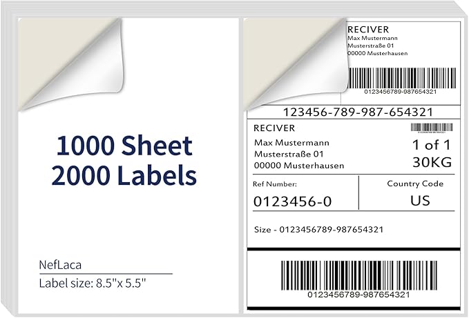 8.5" x 5.5" Half Page Self Adhesive Shipping Label, Compatible Laser & Inkjet Printers, White, 2 Labels Per Sheet(1000 Sheet Total 2000 Labels)-DeskLoop Office