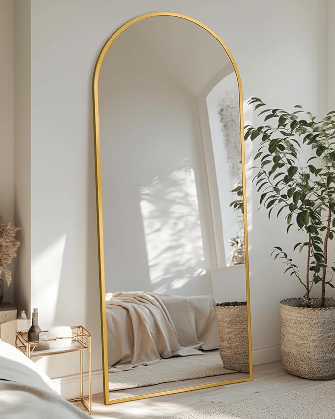 Full-Length Floor Mirror with Stand, 58"x19" Arched Style Full Body Standing Mirror for Bedroom, Living Room, Gym, Dorm - Shatter-Resistant & Easy Assembly, Gold-DeskLoop Office