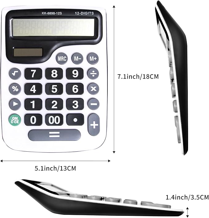 12 Digit Desktop Calculator with Large LCD Display and Sensitive Button, Dual Solar Power and Battery, Standard Function for Office (YE8898)-DeskLoop Office