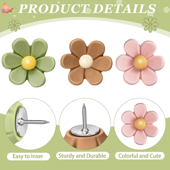 Sawysine 60 Pcs Cute Push Pins Decorative Push Pins Thumb Tacks Colorful Flower - Image 3