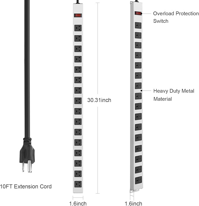 JUNNUJ Metal 16 Outlet Power Strip, Mountable Heavy Duty Power Strip, 1200J Surge Protector Wall Mount Screws Outlet with Switch, Gaming Desk Strips Wide Spaced 15A 125V 1875W, 10 FT 14AWG Power Cord-DeskLoop Office