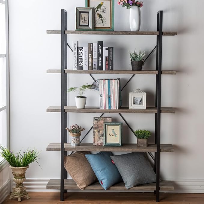 HSH 5-Shelf Vintage Industrial Rustic Bookshelf, 5 Tier Wood and Metal Bookcase, Open Etagere Book Shelf, Farmhouse Wooden Bookshelves, Light Grey Oak-DeskLoop Office