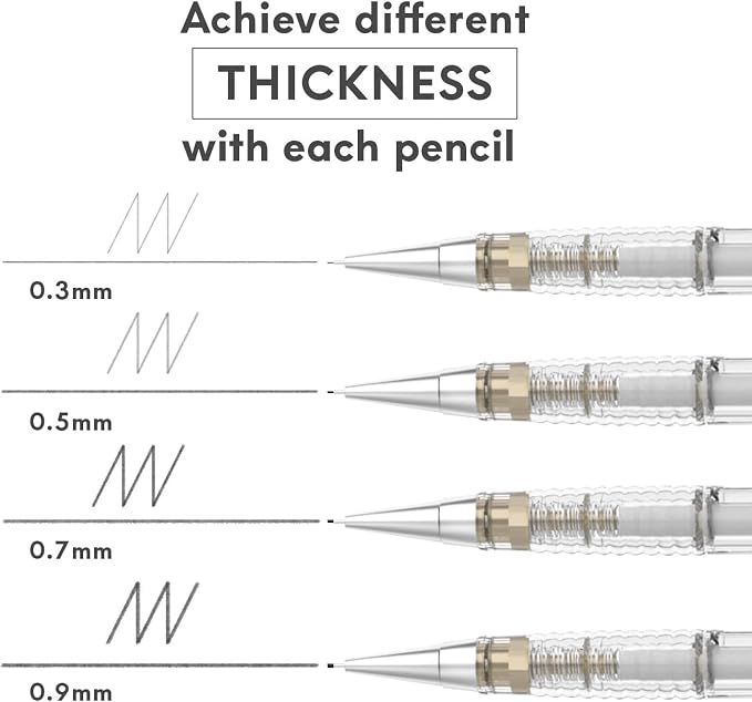 MozArt Mechanical Pencil Set 4 Sizes 0.3 0.5 0.7 0.9mm HB Lead Clear | 30 HB - Image 2