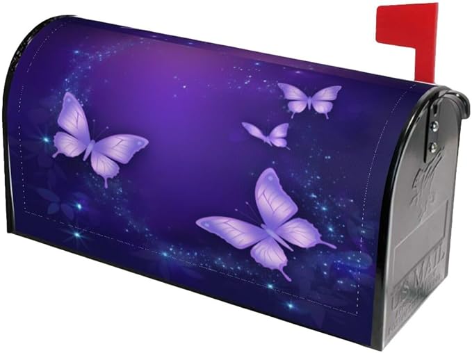 Purple Butterfly Welcome Magnetic Mailbox Cover, Sparkle Star Mailbox Wrap by Ouqiuwa