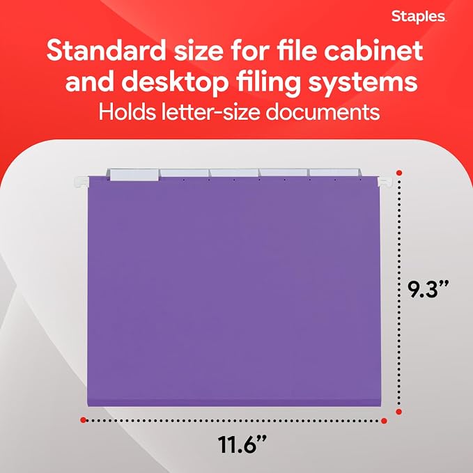 Staples Hanging File Folders, Letter Size, 1/5‑Cut Tabs, Tear‑Resistant - Image 3