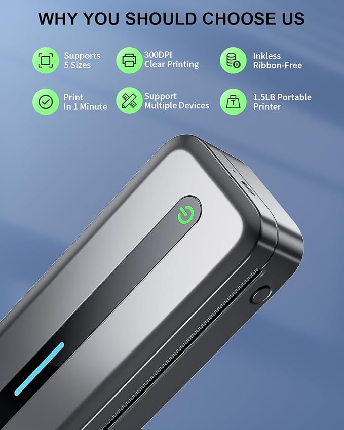 COLORWING Portable Printers Wireless for Travel, 300DPI Mini Compact Inkless Printer, Thermal Bluetooth Printer Compatible with Android and iOS Smartphone & Tablet & Laptop - Gray-DeskLoop Office