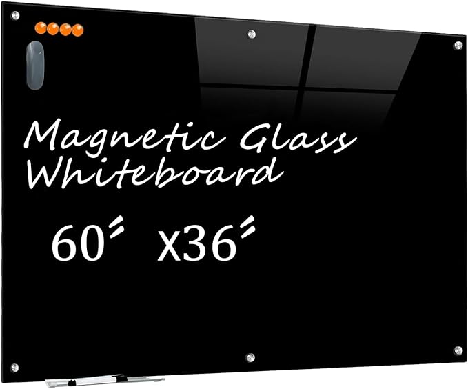 KIZZBY Glass Dry Erase Board - Magnetic Blackboard, 60"X36" Frameless Black Board Clear Glass Boards with Super Strong Magnets, Wall Mounted for Office, Classroom and Home-DeskLoop Office