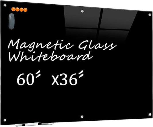 KIZZBY Glass Dry Erase Board - Magnetic Blackboard, 60"X36" Frameless Black Board Clear Glass Boards with Super Strong Magnets, Wall Mounted for Office, Classroom and Home-DeskLoop Office