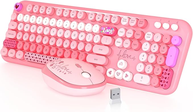 Wireless Keyboard and Mouse,MOFII 104 Round Keys Lovely Full-Size Cute Colorful Keyboard and Mouse with Retro Typewriter for PC/Mac/Laptop/Tablet/Computer/Windows Pink-DeskLoop Office