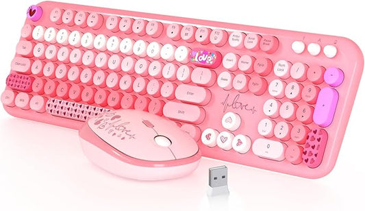 Wireless Keyboard and Mouse,MOFII 104 Round Keys Lovely Full-Size Cute Colorful Keyboard and Mouse with Retro Typewriter for PC/Mac/Laptop/Tablet/Computer/Windows Pink-DeskLoop Office