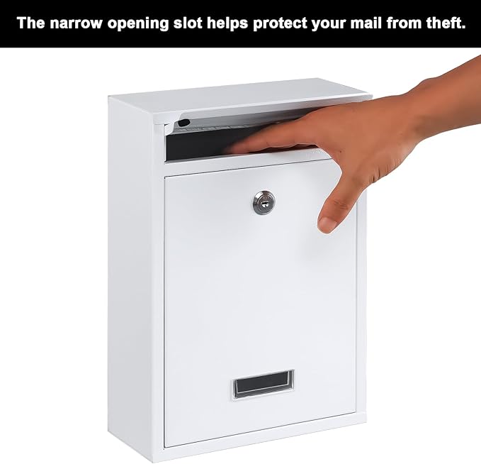 KYODOLED Key Lock MailBoxes for Outside, Locking Wall Mount Mailbox, Security Key Drop Box for Letters Newspapers, Cards, 12.4H x 8.54L x 3.35W Inches, White-DeskLoop Office