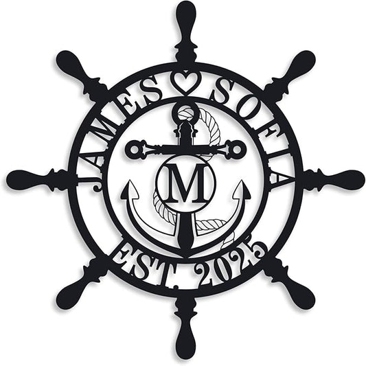 Personalized Ship Wheel Metal Sign, Customized Nautical Wall Decor, Anchor by ENFODREAM