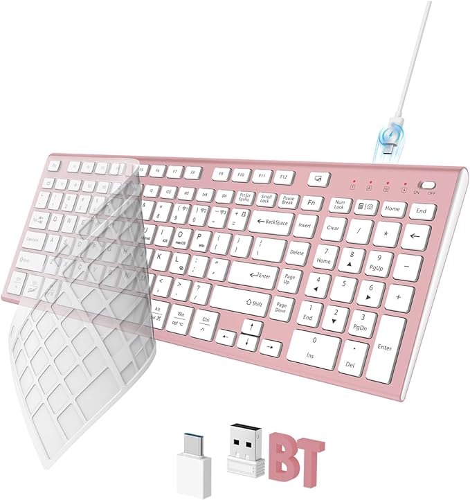 FENIFOX Wireless Keyboard, Bluetooth + USB Ergonomic Silent Quiet Rechargeable with Number Pad Cute Compact Full Size Multi Device Keyboards for iPad Tablet Mac Computer Surface PC MacBook Laptop Pink-DeskLoop Office