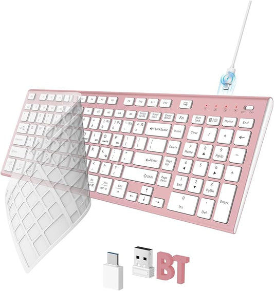 FENIFOX Wireless Keyboard, Bluetooth + USB Ergonomic Silent Quiet Rechargeable with Number Pad Cute Compact Full Size Multi Device Keyboards for iPad Tablet Mac Computer Surface PC MacBook Laptop Pink-DeskLoop Office