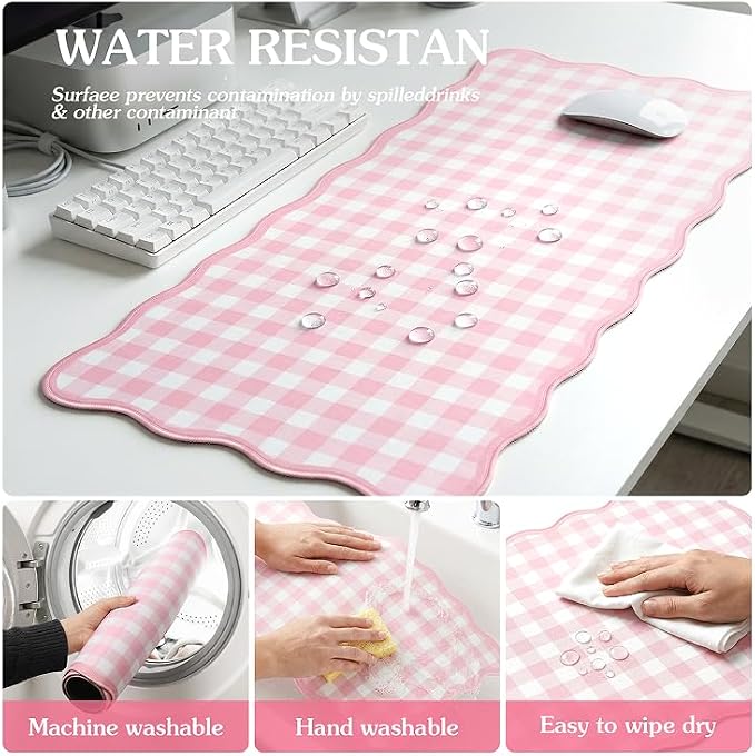 Scalloped Gingham Pink Desk Mat, Large Cute Desk Pad - Image 6