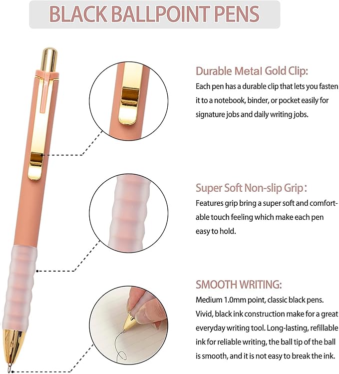 Linbsunne Ballpoint Pens Black Medium Point 1mm with Super Soft Grip Ball Point Pen for Men Women Retractable(gold-18 pcs)