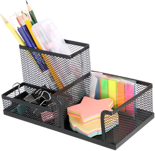 Pen Holder Mesh Metal Pencil Holder Desk Organizers Black for Desk Office with 3 Compartments Pencil Holders,Desktop Storage Caddy Organization,Suitable for School, Home,Black-DeskLoop Office
